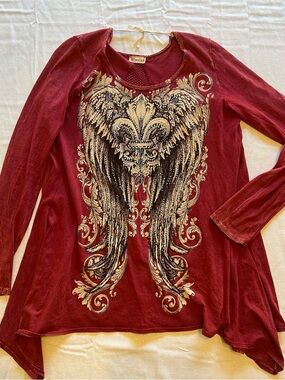 Y2K Vocal Made in USA Rhinestone Wing Graphic Long Sleeve Top Burnout Burgundy